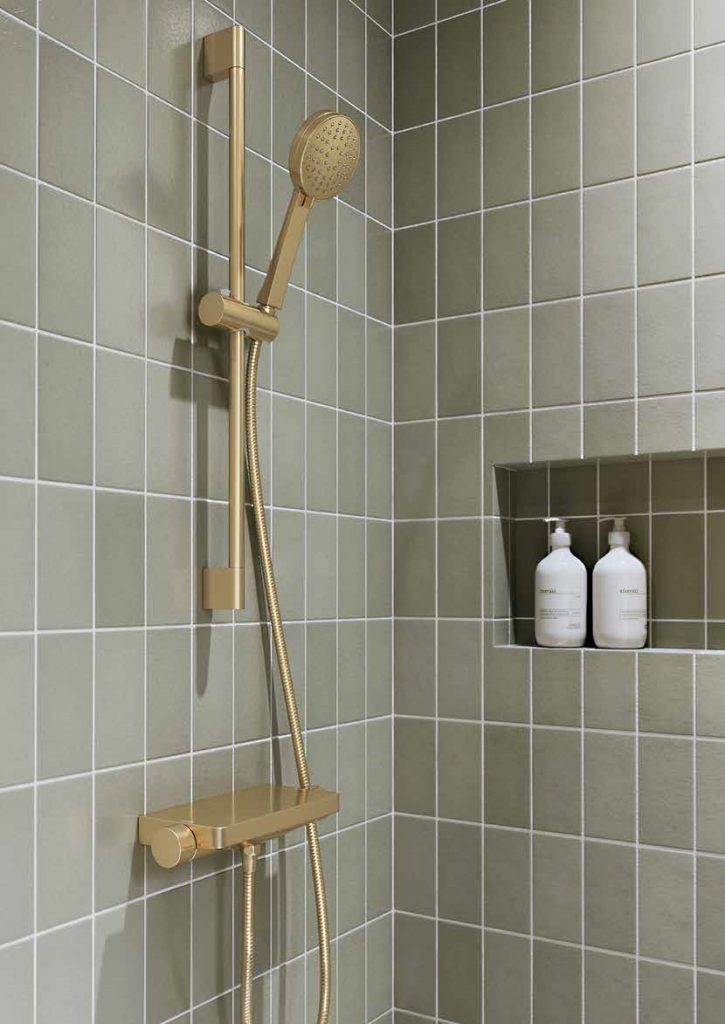 Britton Hoxton Brushed Brass thermostatic shelf shower valve -a